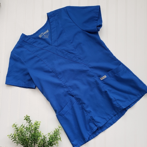 Greys Anatomy Top 2 Pocket Faux Crossover Scrub Top Royal Blue size Small - Picture 1 of 7